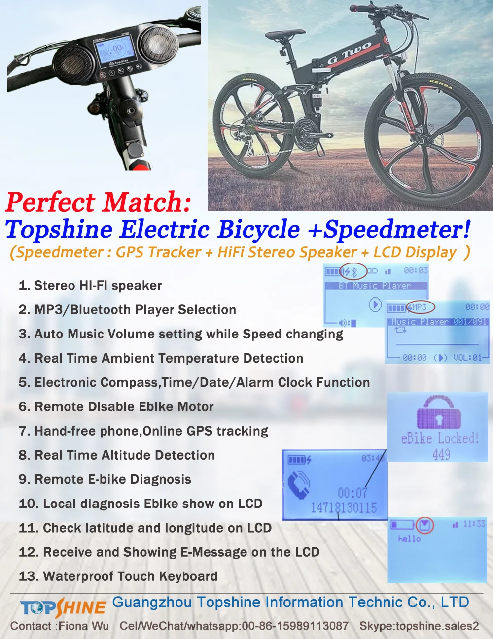 Foldable Electric Bike with GPS HiFi Music Speedometer Remote Disable Motor