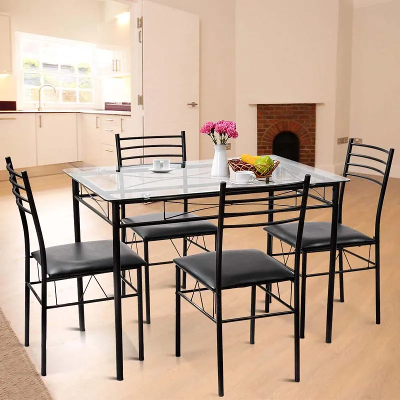 Boju con tavolo rettangolare in vetro temperato nero con schienale alto e sedie in similpelle nera 1 Table & 2 Chairs set di tavolo da pranzo moderno nero e sedie da 2/4/6 per cucina e ristorante 