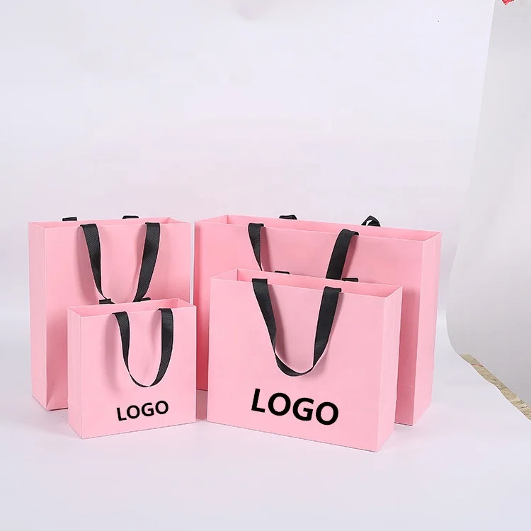 

yiwu upplier oem pink paper bag with grosgrain ribbon handle,100 Pieces, White, black, pink, brown, blue