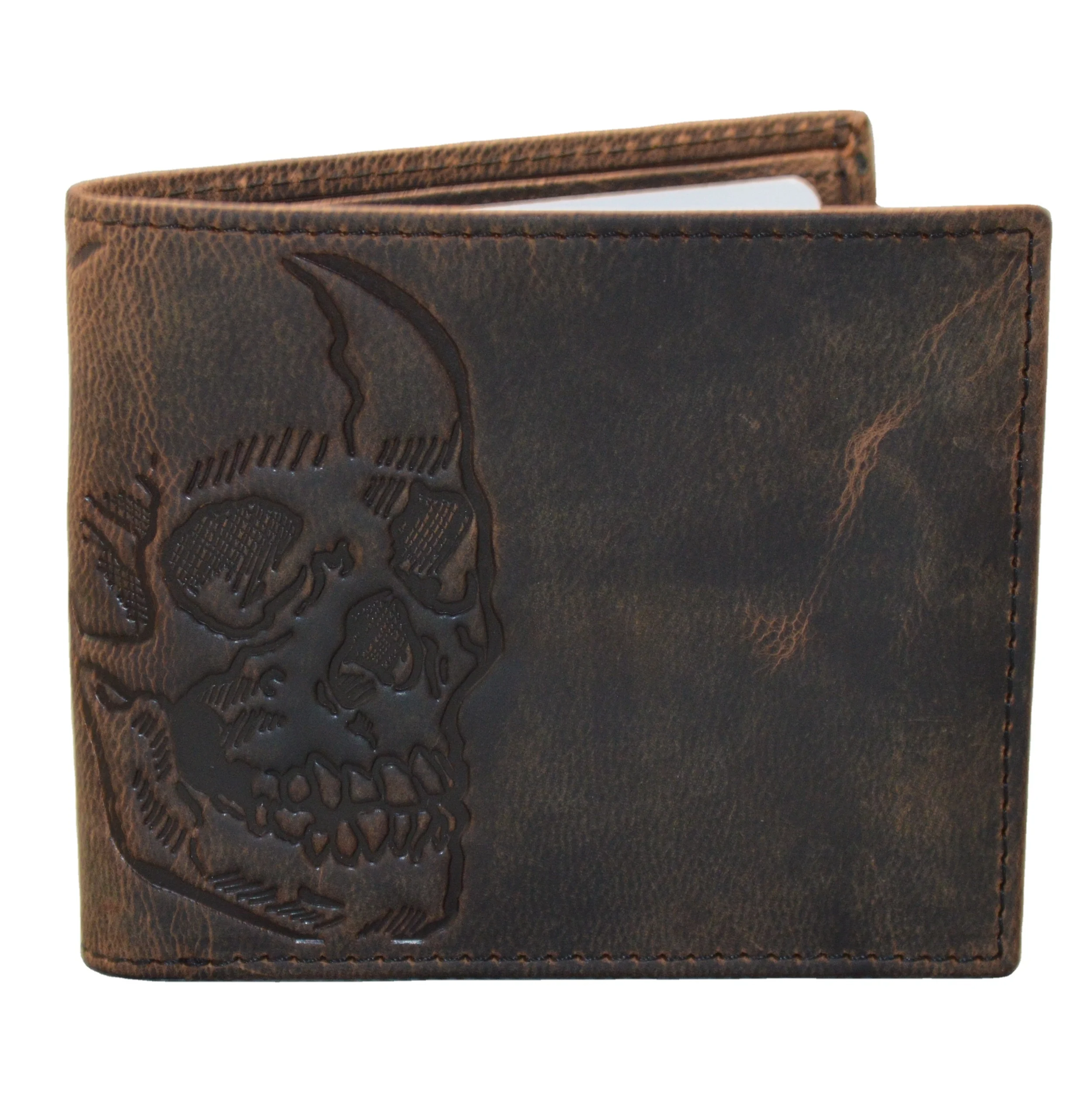 Skull Double Id Bifold Hand Burnished Premium Leather Multi Card