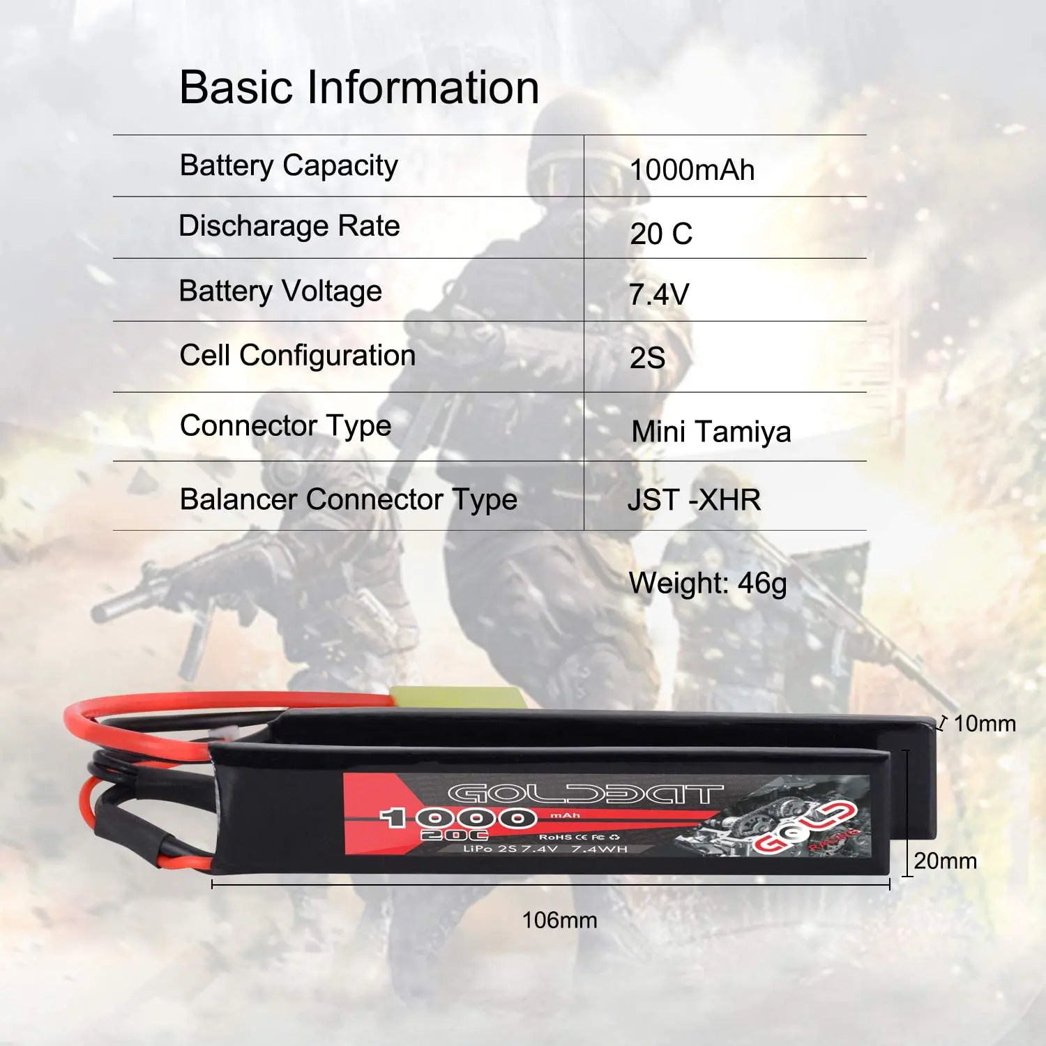Lipo Battery 1000mah 2s 7.4v 20c With Mini Tamiya Connector For Airsoft