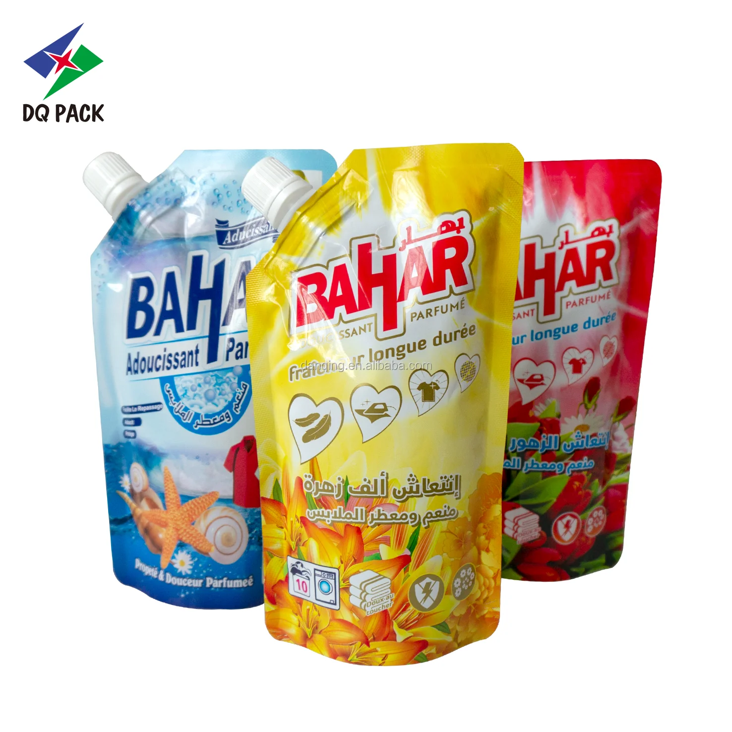 Flexible plastic foil packaging bag stand up pouch with spout for filling detergent liquid