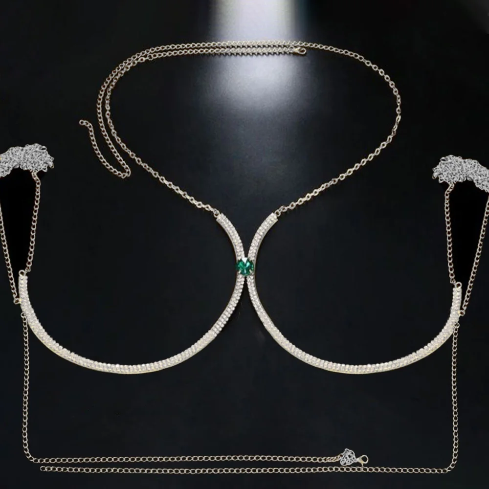 Luxury Green Crystal Rhinestone Breast Bracket Body Jewelry Sexy Women Chest Chain Bra Body