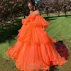 Long Formal Sweetheart Puffy Sleeves Tiered Tulle Orange Prom Dresses