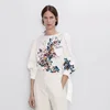 Women's Cropped Sleeve White Blouse Women's Round Neck Long Sleeve Printed Tie Shirt