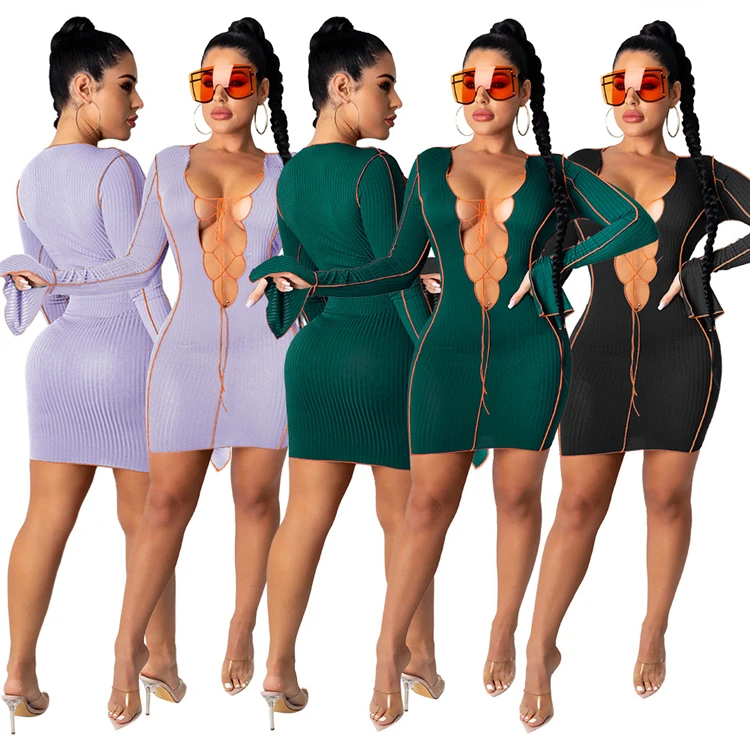 High Quality Drawstring Hollow Out V Neck Sexy Ladies Women Bodycon Dresses Woman Casual Short Dress