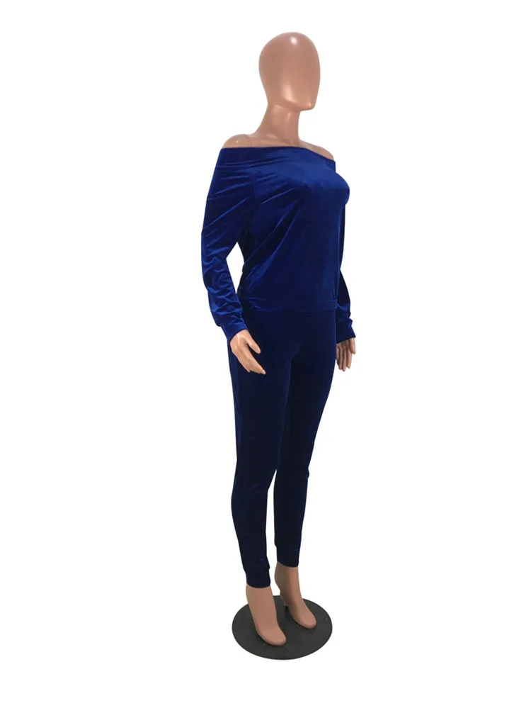 SAZH5055 off the shoulder hoodies and long trousers ladies two piece set women western velvet pant suit