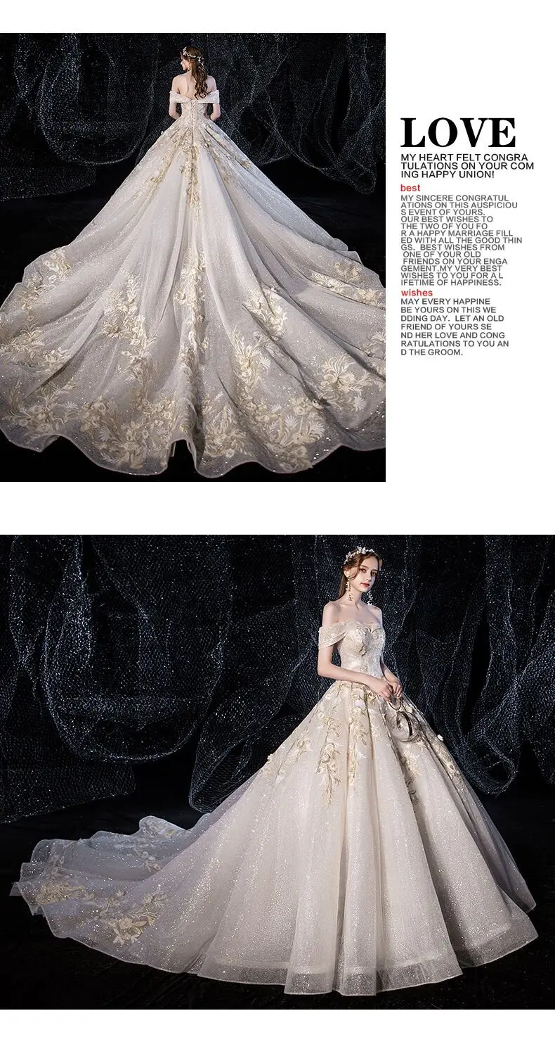 Elegant princess off-the-shoulder v-neck gown luxury bridal wedding dress