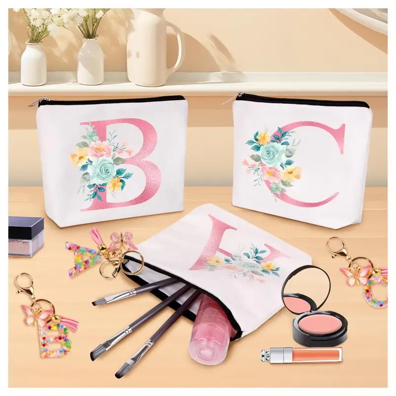 Stanley Cup Canvas Lanyard Personalized Initial Cosmetic Bag with Keychain for Travel Female Bridesmaid Youth Open Closure details