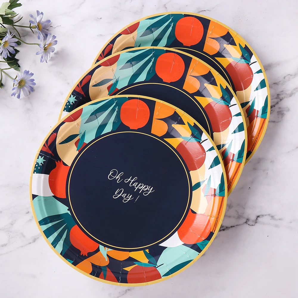 Pomegranate Camping Paper Plates Happy Day Black Decorative Disposable Dinner Tray 10PCS/BAG for Tables supplier