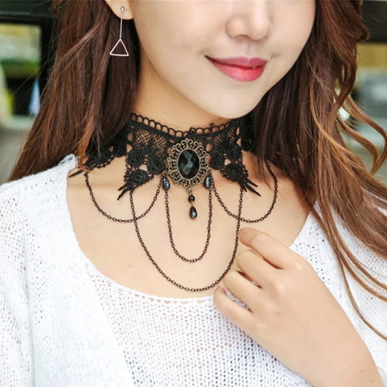 xunbei 2020 性感的黑色蕾丝晶体万圣节chocker项链首饰