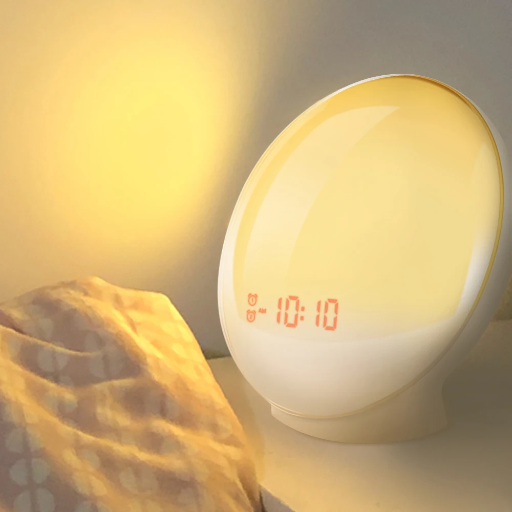 Alarm Wake Up Digital Snooze Night Lamp Clock Sunrise Colorful Light With Nature Sounds FM Radios