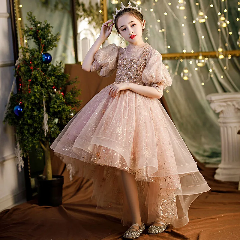 Teen Girls Dress Kids Birthday Party Prom Pink Shiny Dresses Teenagers Long  Mermaid Tulle Ball Gowns Girl Evening Wedding Dress