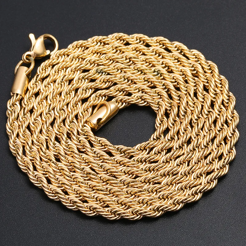 Classic Hip Hop Stainless Steel 18k Gold Plated Roep Chain 3mm Rope ...