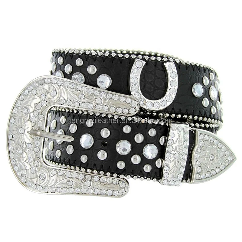 Women's Western Rhinestone studded Leather Belt - Black