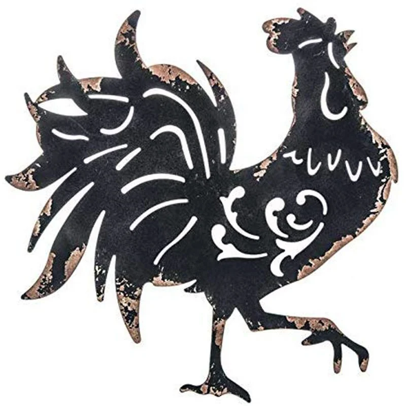 Black Red Distressed Metal Home Indoor Vintage Rooster Wall Decor.