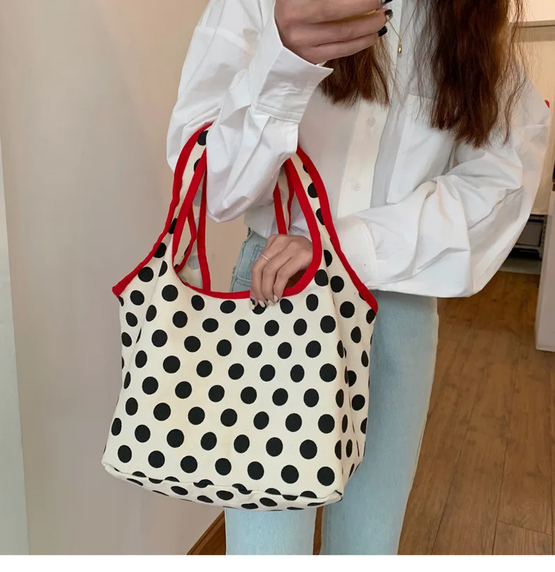 2024 Japanese Style Canvas Shopping Bag Fashionable Dot Casual Shoulder Handbag Outdoor Canvas Shopping Bag