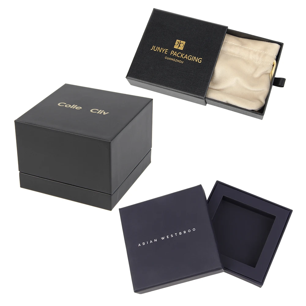Custom Luxury Modern Black Card Jewelry Packaging Box And Pouch Set ...