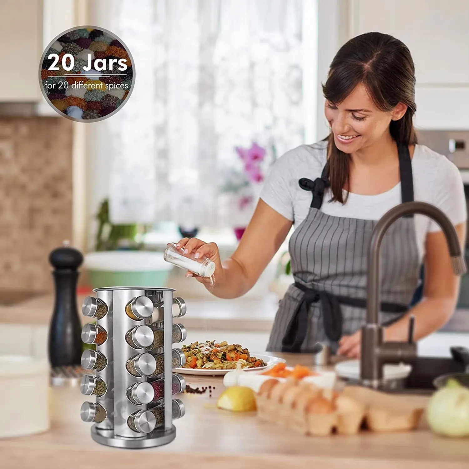 20 Jars Rotating Standing Spice Rack Organizer with 32 Reusable Labels ...