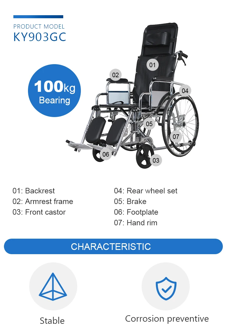 Kaiyang Factory KY903GC backrest Reclining 90~180 Degree Steel Wheelchair Good Quality Excellent Manual Wheelchair