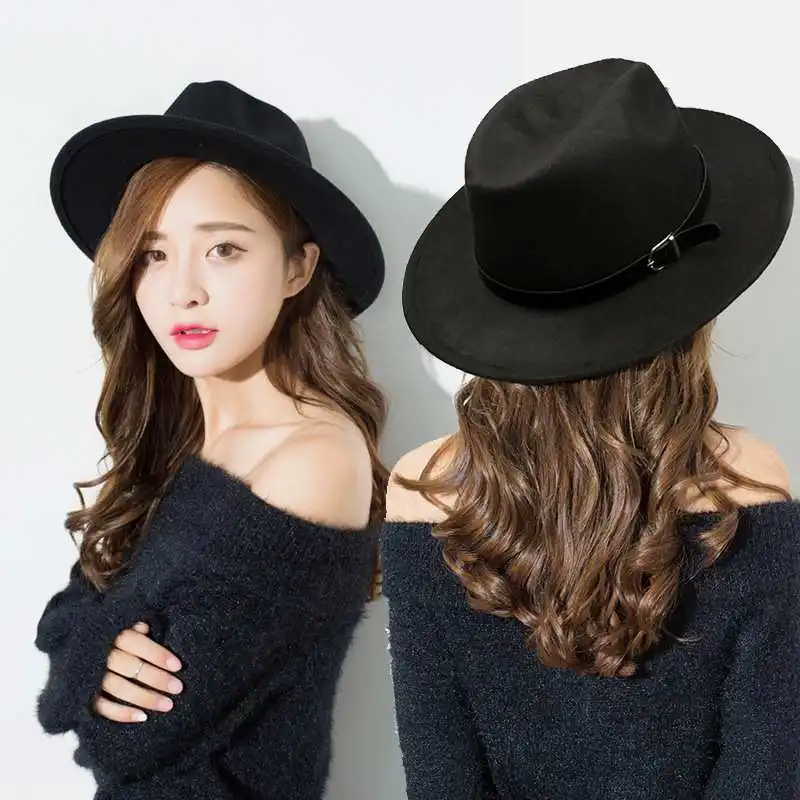 
Classic Fedora Hat Belt Buckle Solid Color Top Hat Flat Brim Big Brim Woolen Top Hat 