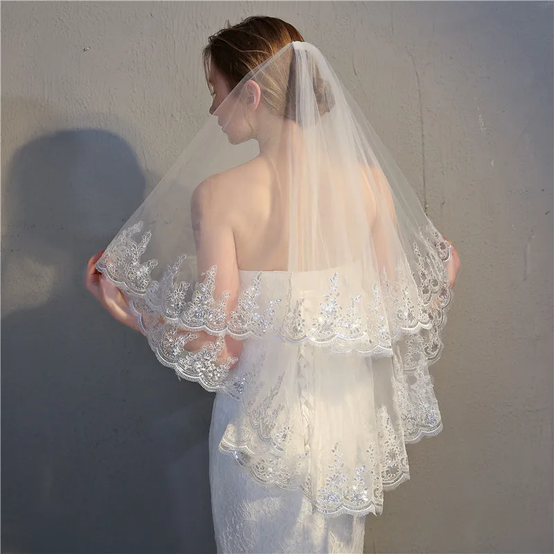 Exquisite Double Layer Veil with Sequined Lace Beaded Wedding Headdress Embroidered  Bridal Veils