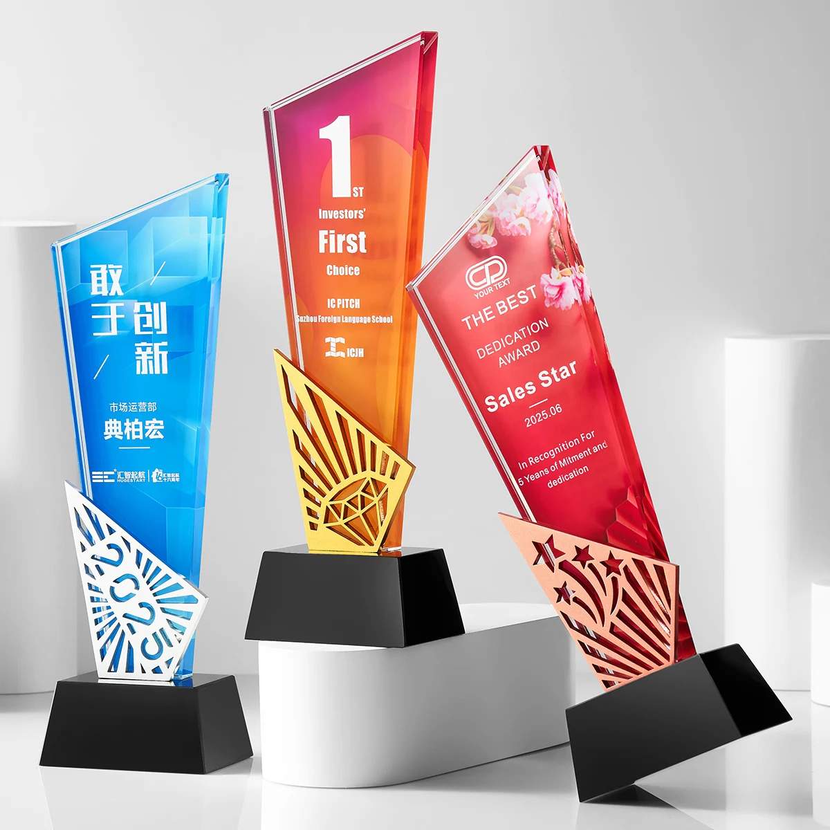 product customized eco friendly metal crystal trophy glass metal awards for trophies medals  plaques wdy 0420-6