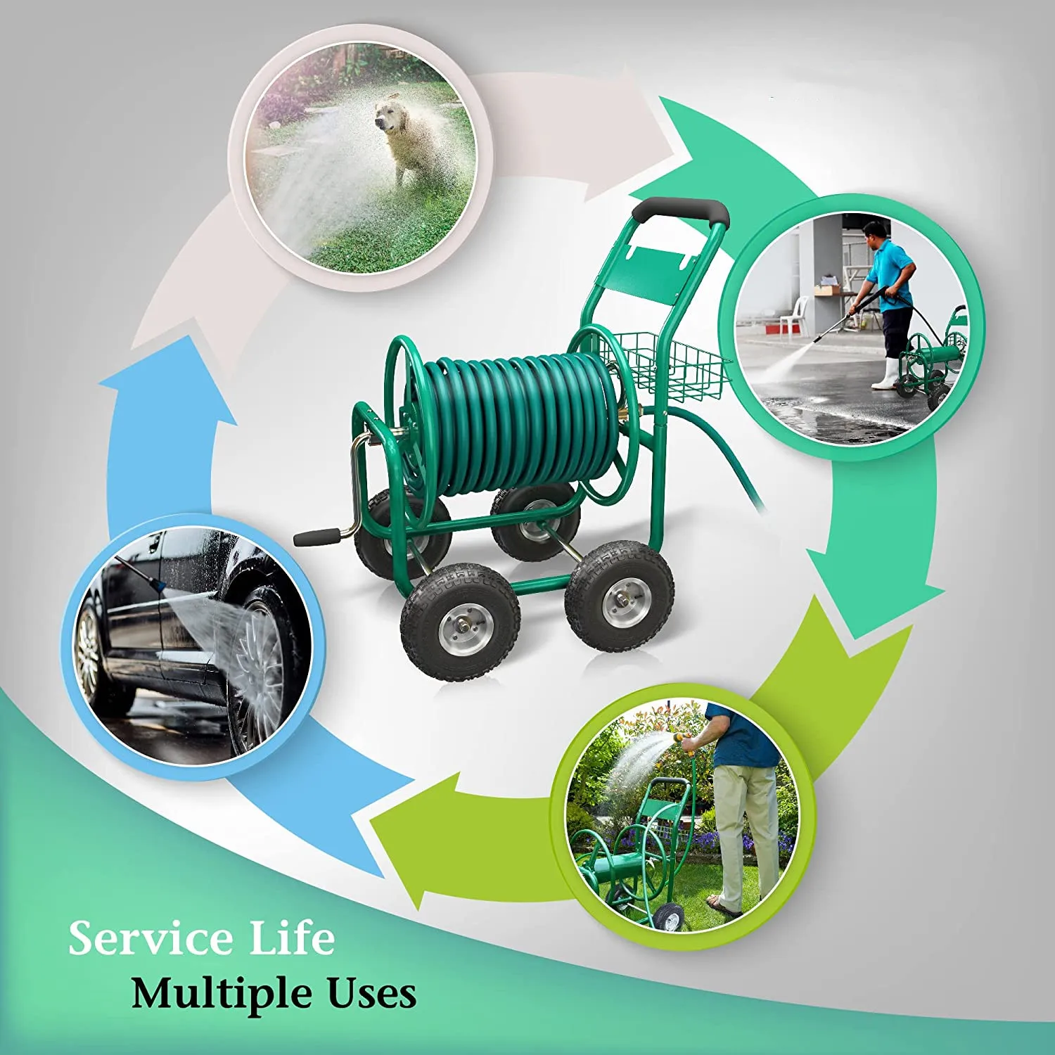 Garden Hose Reel Cart With Wheels Stainless Steel With 8 In Reel Dia