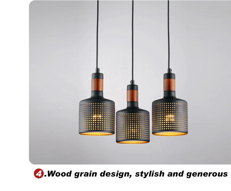 Modern Decorative Black  Solid Wood E27 Vintage Restaurant Hanging Pendant Lamp