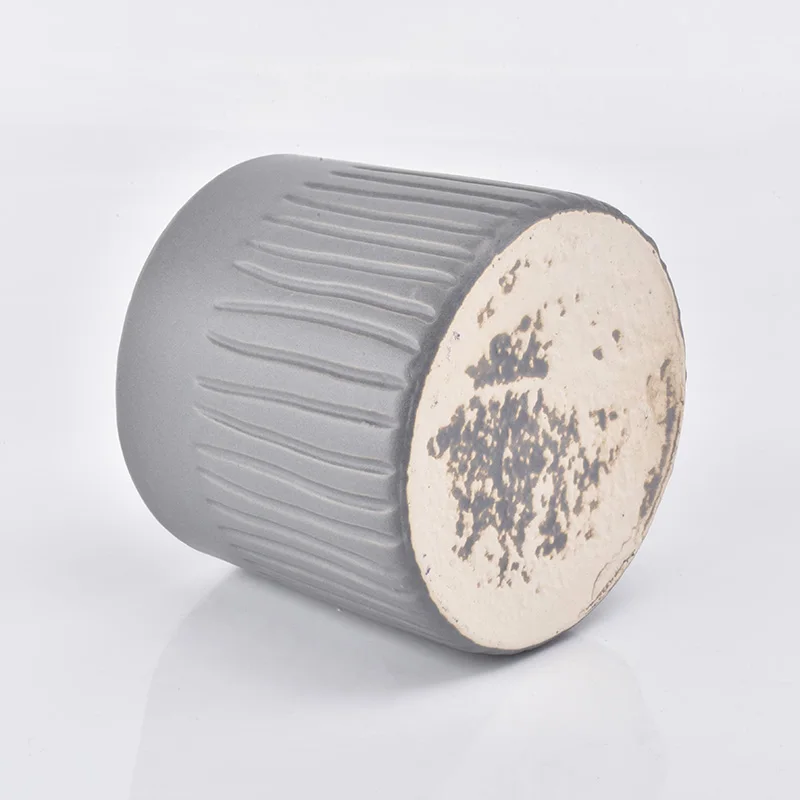 17oz Matte Grey Stripes Ceramic Candle Holder Stoneware Jar Home Decoration