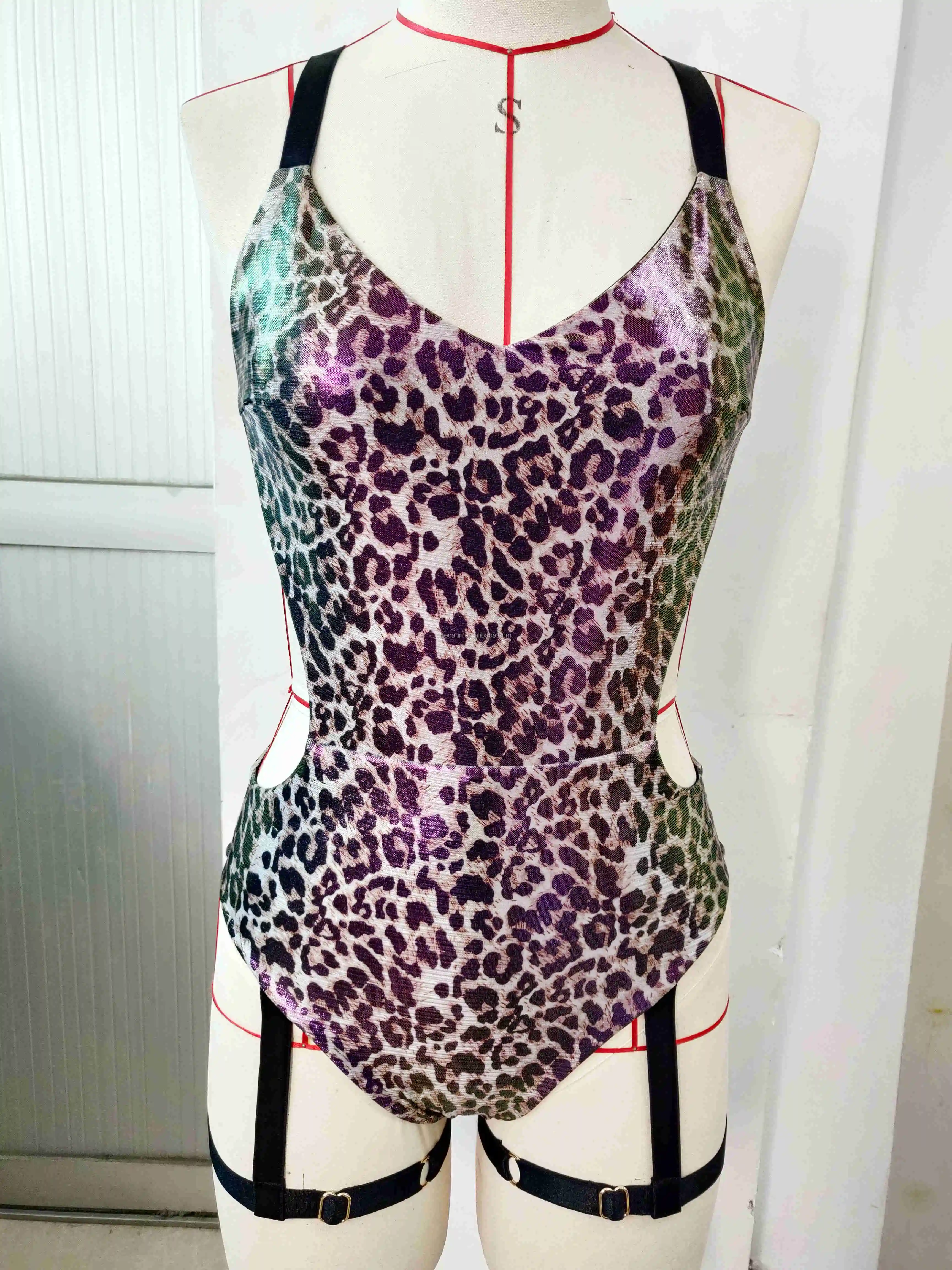 Custom Sexy Shiny Leopard Garter Bodysuit Cross Back Scrunched Bum Pole