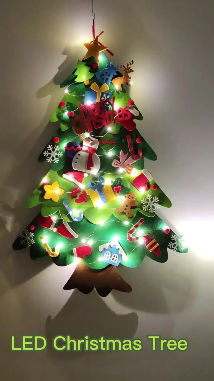 Hot Sale Xmas Decorations Wall Hanging 3D DIY Felt Fabric Christmas Tree  Set with LED Light 32 Pieces Ornament for Kids, image size:720x1280