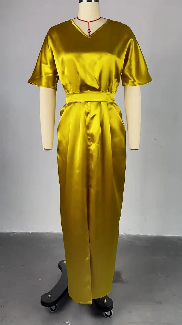 Elegant Long Dress V-neck Short Sleeve 2025 New Design High Waist Slit Plus  Size High Quality Women's Casual Dress
