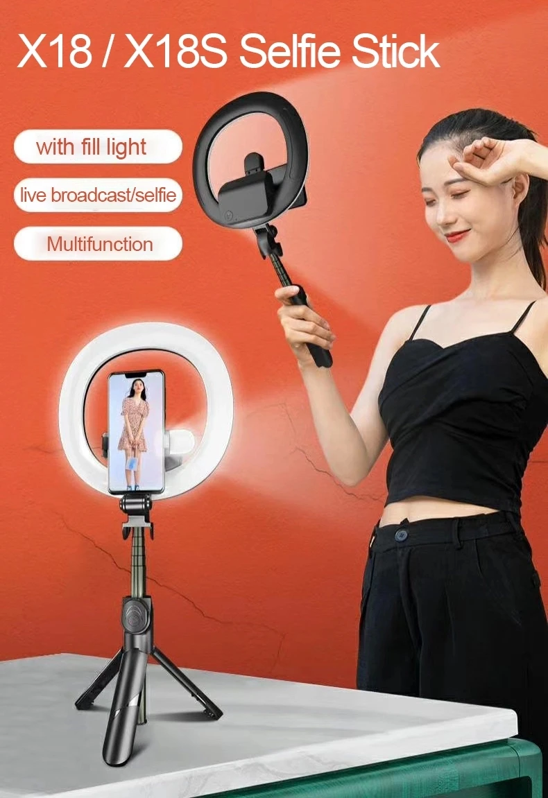 2020 Hot Xt18S Portable Bluetooth Remote Removable 6" Ring Light Tripod Selfie Stick With Two Fill Lights