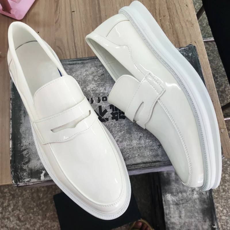 Good Looking White Patent Leather Dress Shoes Slip On Round Toe Height Increasing Men Penny Loafers Good Looking White Patent Leather Dress Shoes Slip On Round Toe Height Increasing Men Penny Loafers