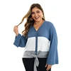 Autumn Fashion Contrast Tie Front Cable Knit Lady Plus Size Cardigan with Button