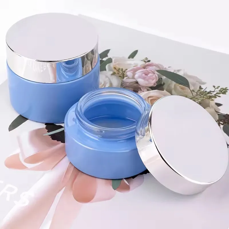 Blue Empty Cosmetics Cream Containers Set Skincare Glass pump Spray Lotion Bottle With Silver Cap 30g50g40ml100ml120ml factory