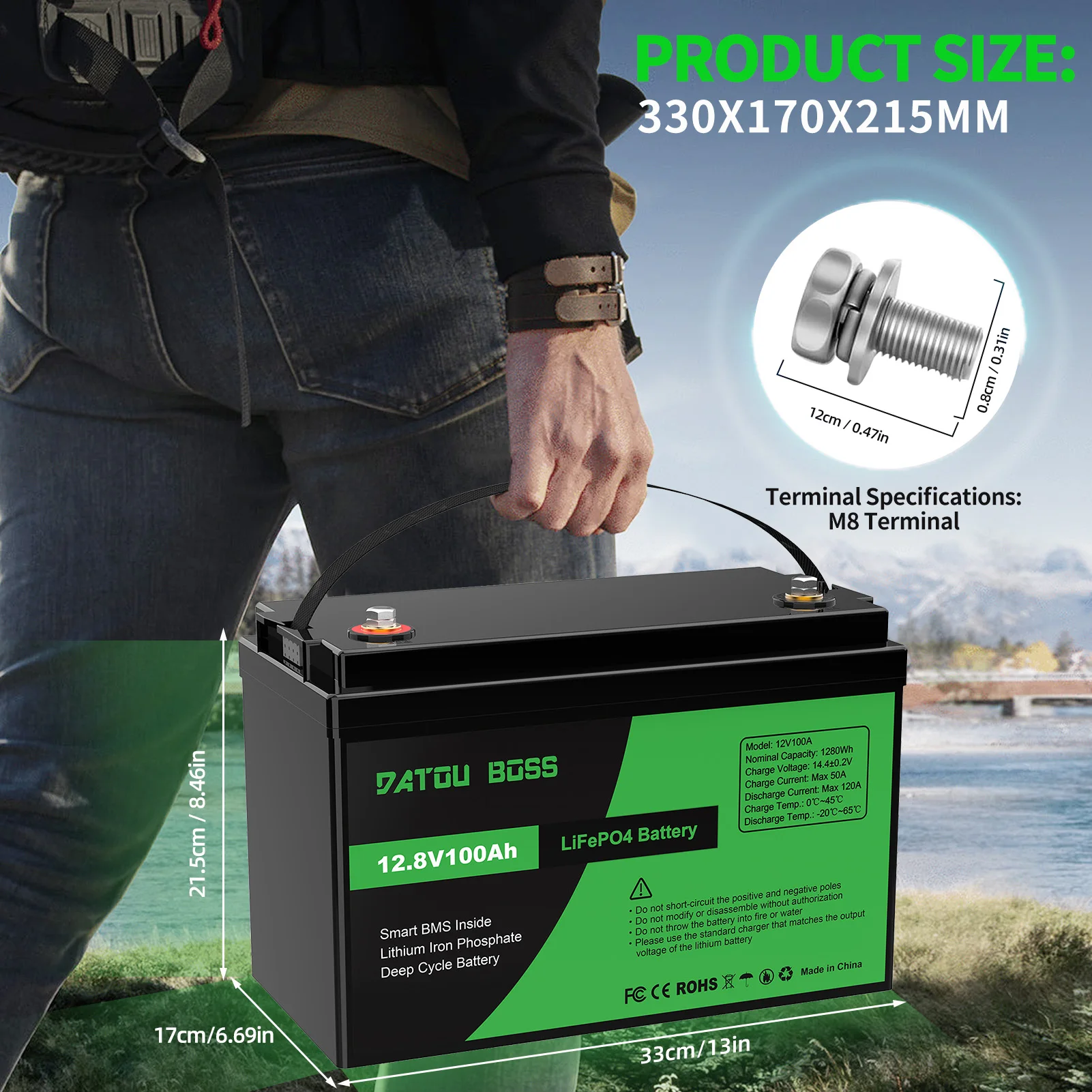 Bluetooth app interface for 12V 100Ah LiFePO4 battery showing real-time voltage, SoC, and temperature