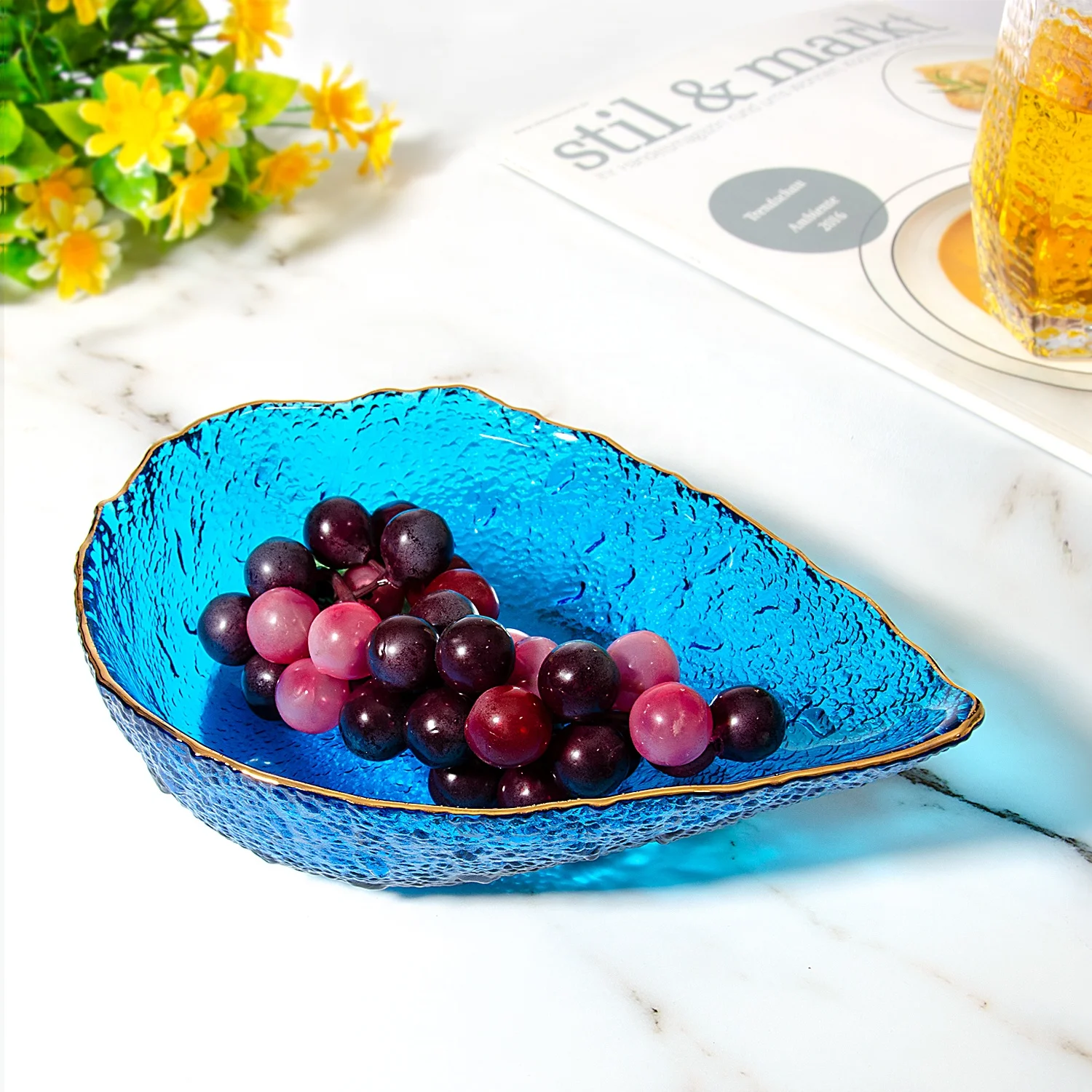 批发流行花式廉价高级玻璃水果碗彩色碗玻璃沙拉碗与金边