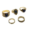 Ornate Indian Tribal Gold Plating Ring Set Blue enamel Custom Signet Flower Seamless Ring