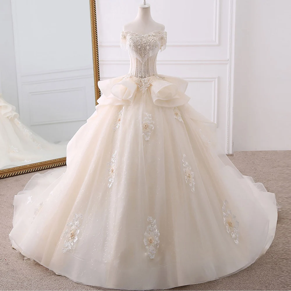 2020 Gorgeous Ball Gown Wedding Dresses Vestido De Noiva Appliques Flowers Beading Crystal Shiny Bridal Dress
