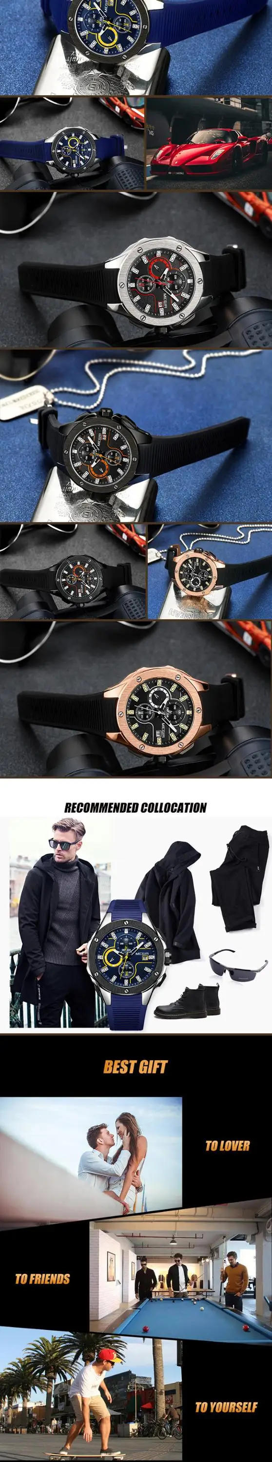 Lesfit — montre de luxe pour hommes, 2020, étanche, à Quartz, en acier inoxydable, avec chronographe, horloge à main, silicone, 2053