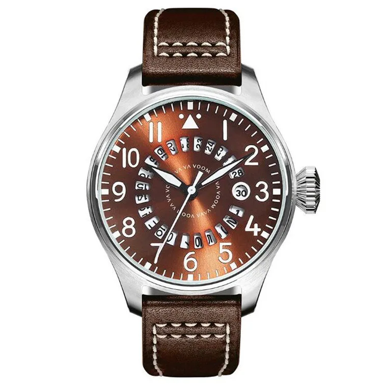 Amazon Supply Fashion Brown/Blue Military Leather Watch Strap Quartz Men Pilot Watch