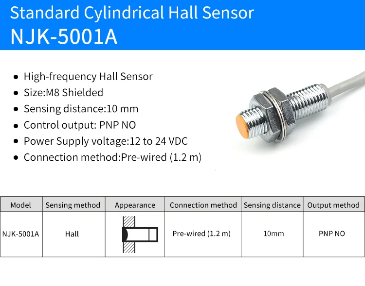 3 Wires M8 PNP N/O Proximity Sensor NJK-5001A Hall Sensor Magnetic Switch 