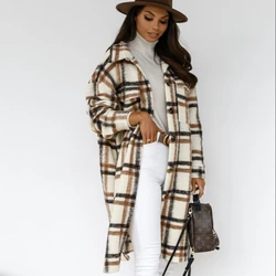 New Fall Winter Fasion Plaid Yarn Dyed Coats Woman Single Breasted Warmth Overcoat with 3D Pocket Casual Turn Down Collar Coats