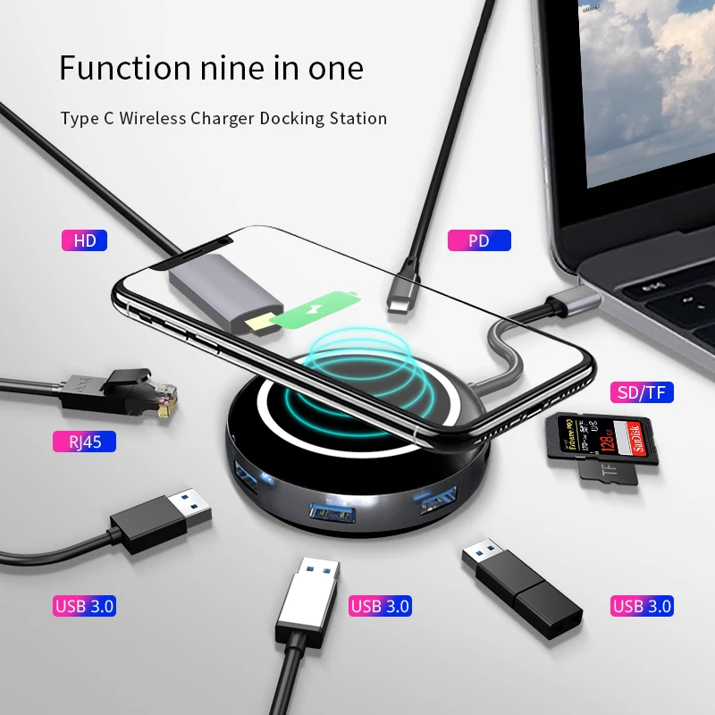 9-In-1 Docking Station Type C To Pd Hd Usb3.0*2 Rj45 wireless charger usb hub for mobile phone