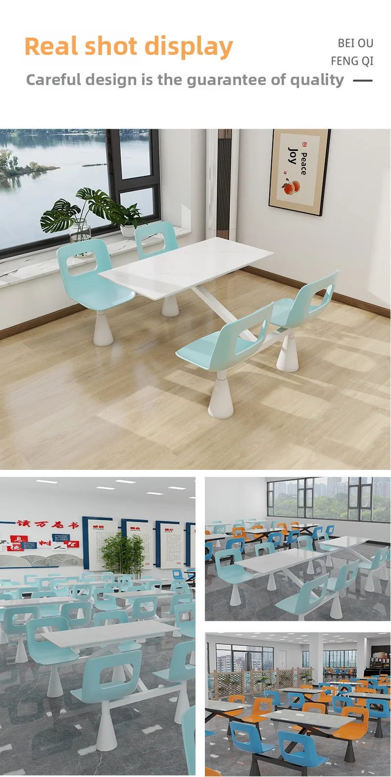 product modern four person dining table chair set wood panel rock slab school canteen restaurant furniture-5