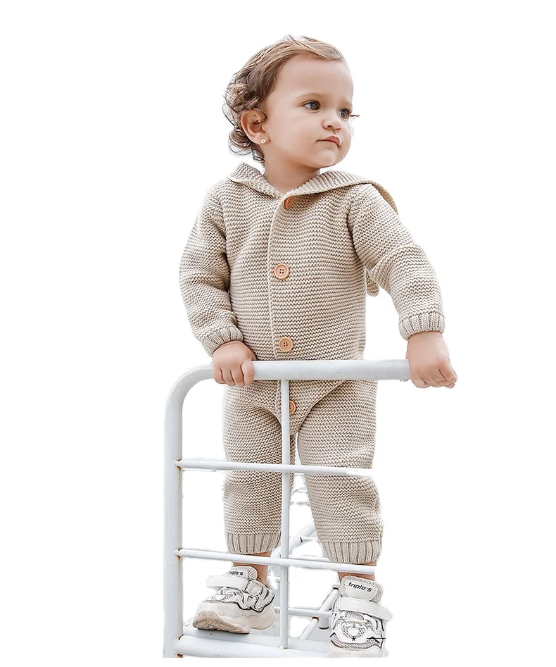 
Infant Baby Boy Girl Knitted Hoodie Bear Ear Hooded Jumpsuit Overalls Bodysuit 