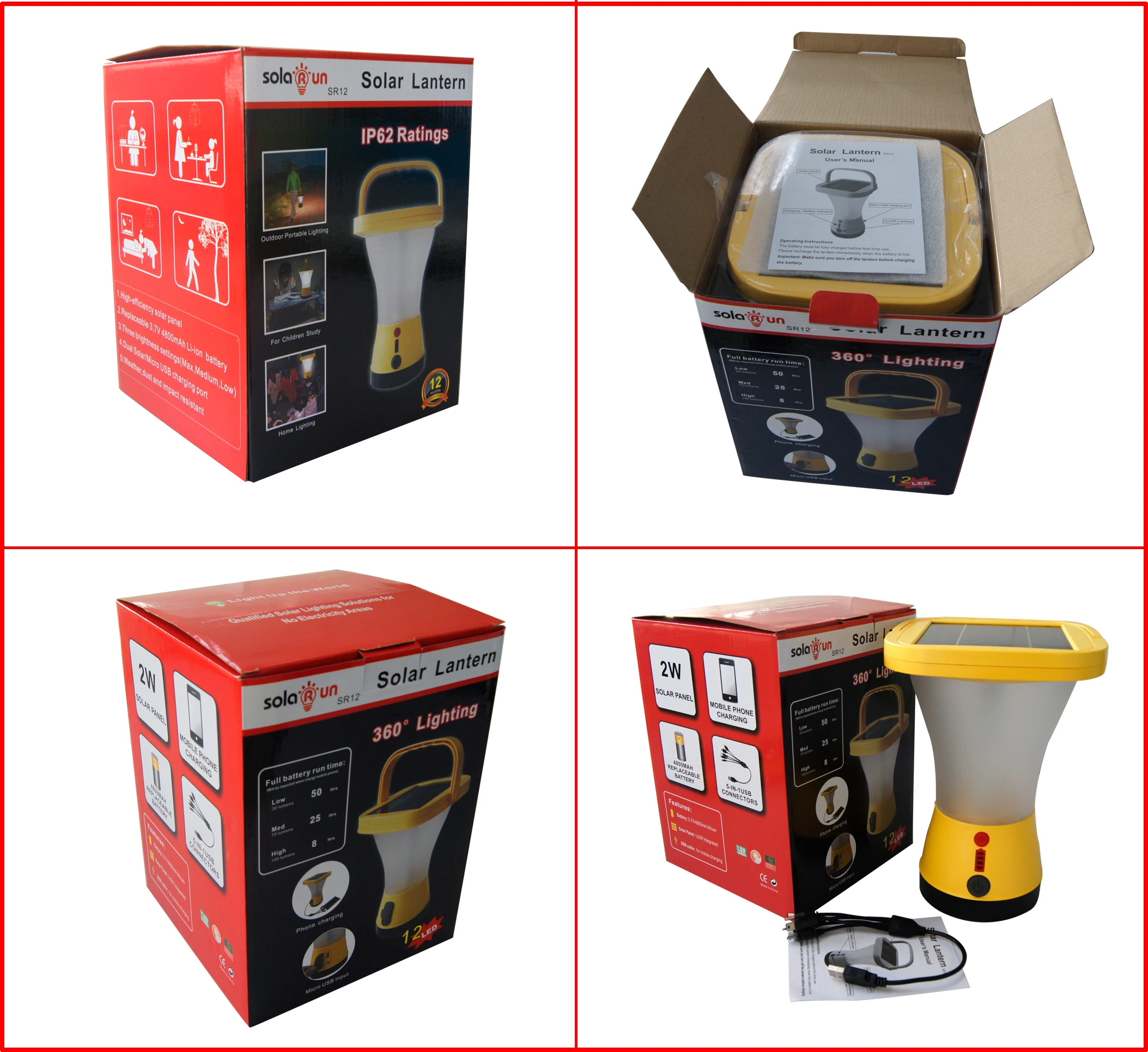CE 12H Solar Power LED Lantern 2W 5V Solar Lantern With Phone Charger
