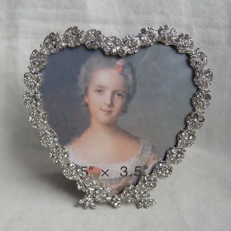 Heart Silver Bejeweled Metal Zinc Alloy Picture Photo Frame 3.5"x3.5